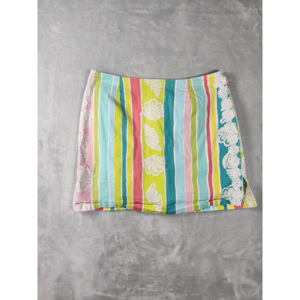 Vintage Lilly Pulitzer Women's Mini Skortโ Size 0 Rainbow Stripes Shells Lace